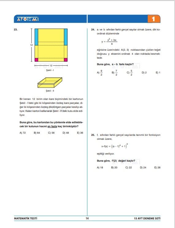 Apotemi Yayınları  AYT Matematik 15 Çözümlü Deneme