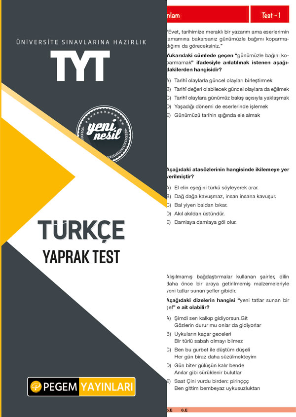 TYT Türkçe Yaprak Test TYT Türkçe Yaprak Test
