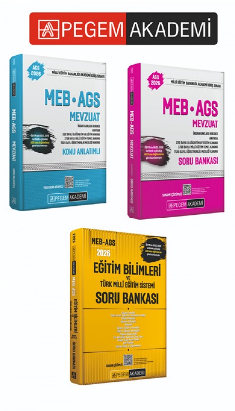 PEGEM AKADEMİ 2026 MEB AGS Konu Anlatımlı Mevzuat +  2026 MEB AGS Soru Bankası Tamamı Çözümlü Mevzuat + 2026 MEB AGS Eğitim Bilimleri ve Türk Milli Eğitim Sistemi Tamamı Çözümlü Soru Bankası Seti (3.Kitap)