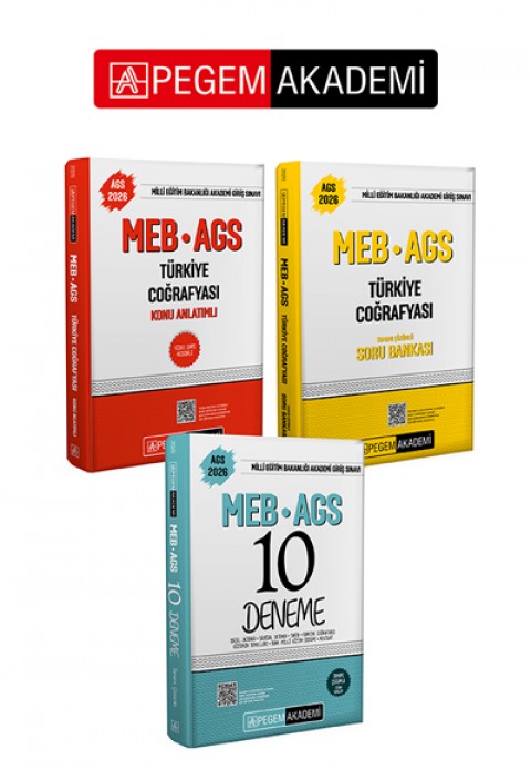 PEGEM AKADEMİ 2026 MEB-AGS Soru Bankası Tamamı Çözümlü Türkiye Coğrafyası + 2026 MEB-AGS Konu Anlatımlı Türkiye Coğrafyası + 2026 MEB AGS Tamamı Çözümlü 10 Deneme Seti (3.Kitap)