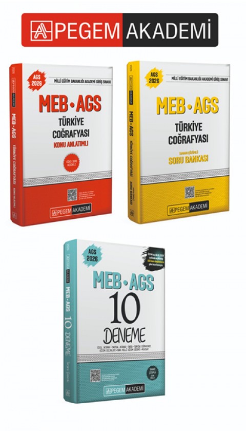 PEGEM AKADEMİ 2026 MEB-AGS Soru Bankası Tamamı Çözümlü Türkiye Coğrafyası +  2026 MEB-AGS Konu Anlatımlı Türkiye Coğrafyası + 2026 MEB AGS Tamamı Çözümlü 10 Deneme Seti (3.Kitap)