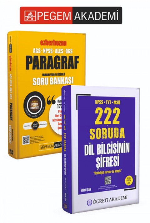PEGEM AKADEMİ KPSS TYT MSÜ 222 Soruda Dil Bilgisinin Şifresi Tamamı Çözümlü Özgün Sorular + AGS-KPSS-ALES-DGS Ezberbozan Paragraf Tamamı Video Çözümlü Soru Bankası Seti (2.Kitap)